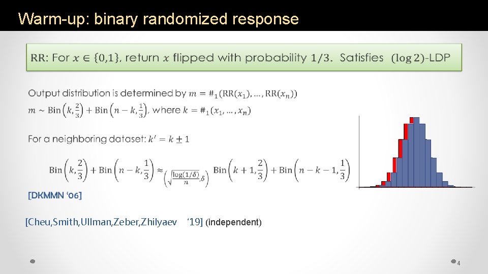 Warm-up: binary randomized response • [Cheu, Smith, Ullman, Zeber, Zhilyaev ‘ 19] (independent) 4