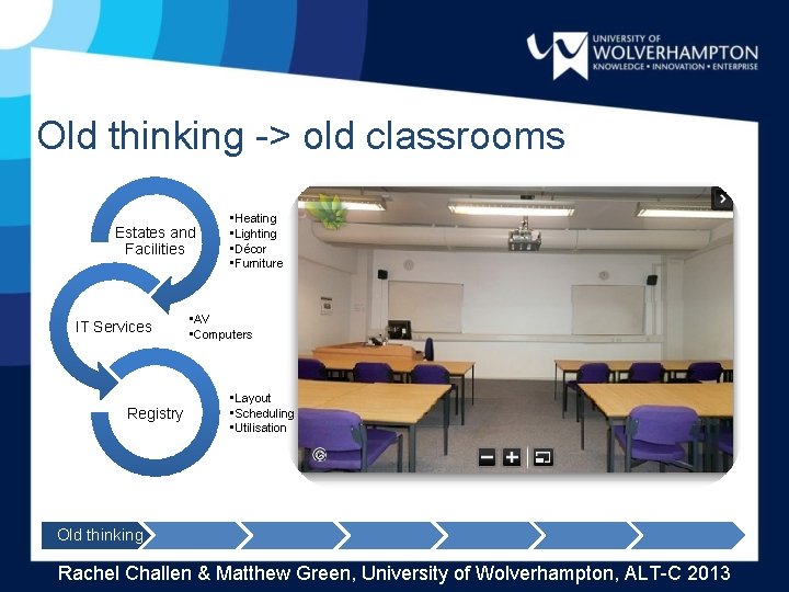 Old thinking -> old classrooms Estates and Facilities IT Services Registry • Heating •