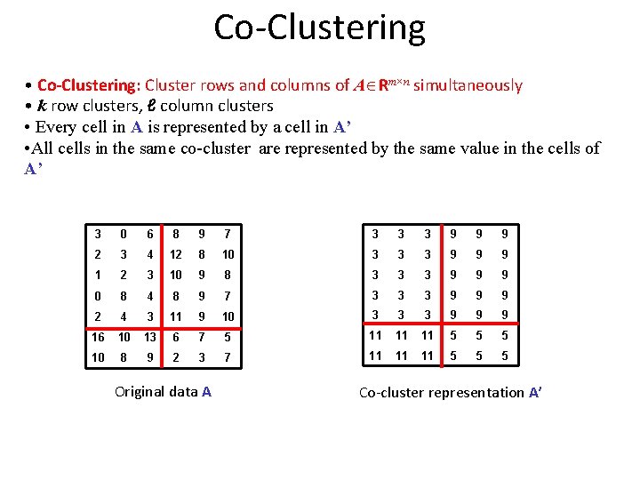 Co-Clustering • Co-Clustering: Cluster rows and columns of A Rm×n simultaneously • k row