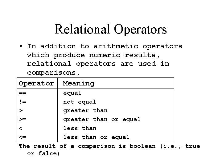 Relational Operators • In addition to arithmetic operators which produce numeric results, relational operators