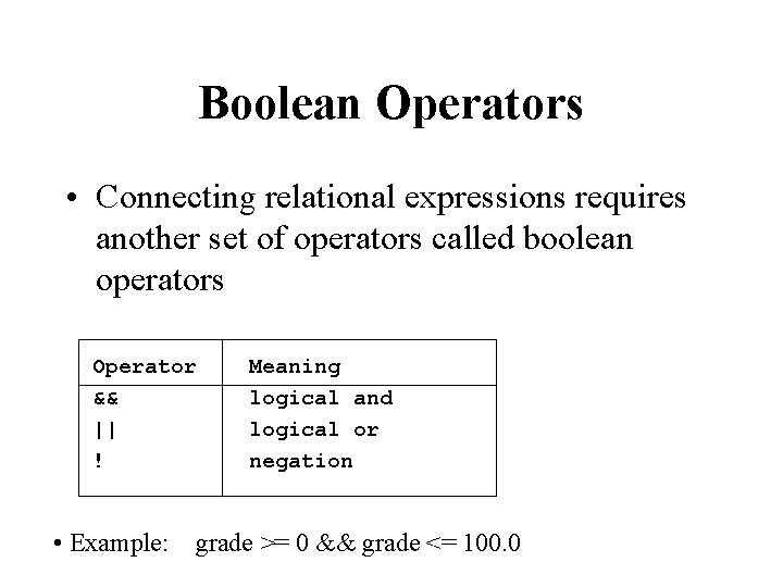 Boolean Operators • Connecting relational expressions requires another set of operators called boolean operators Boolean Operators • Connecting relational expressions requires another set of operators called boolean operators