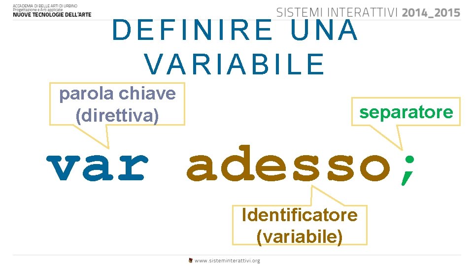 DEFINIRE UNA VARIABILE parola chiave (direttiva) separatore var adesso; Identificatore (variabile) 