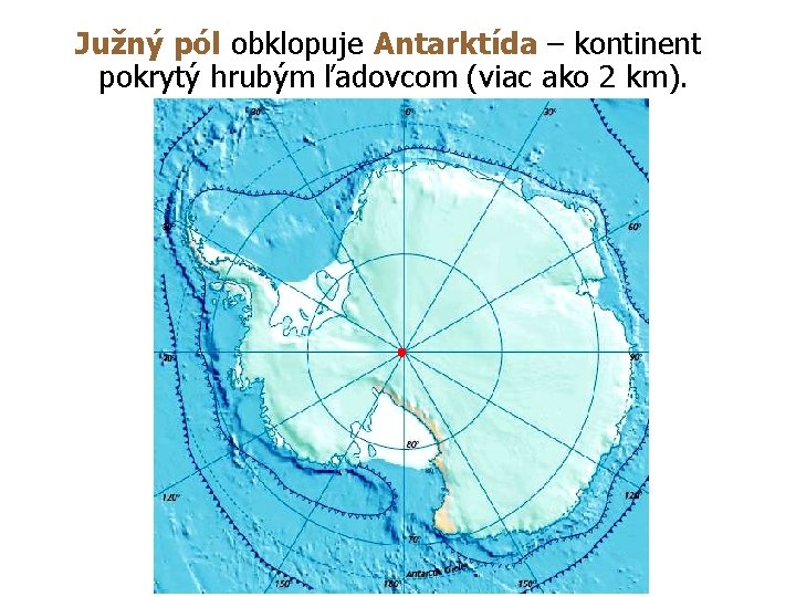 Južný pól obklopuje Antarktída – kontinent pokrytý hrubým ľadovcom (viac ako 2 km). 