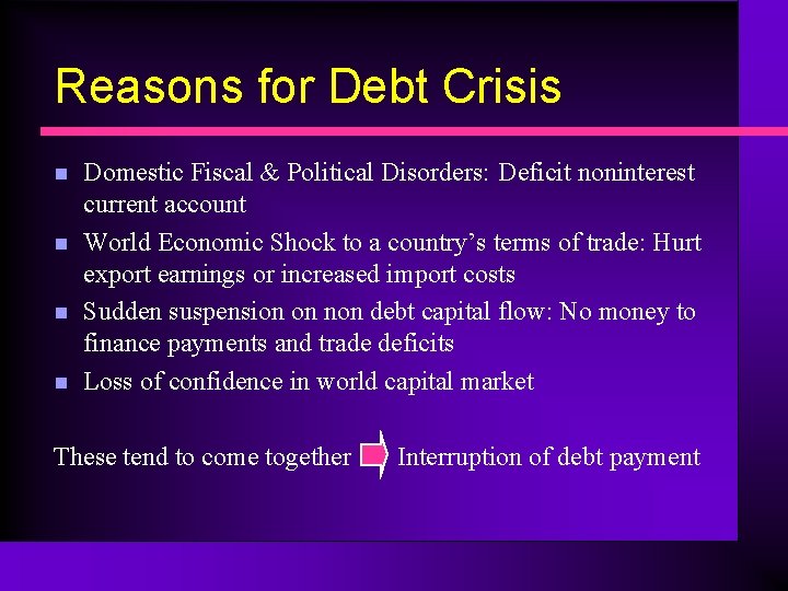 Reasons for Debt Crisis n n Domestic Fiscal & Political Disorders: Deficit noninterest current
