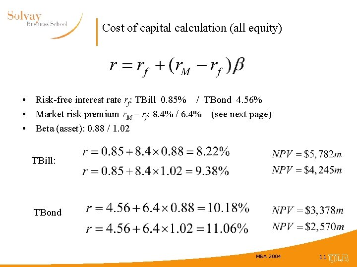 Cost of capital calculation (all equity) • Risk-free interest rate rf: TBill 0. 85%
