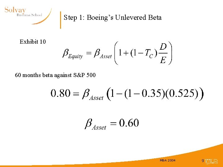 Step 1: Boeing’s Unlevered Beta Exhibit 10 60 months beta against S&P 500 MBA