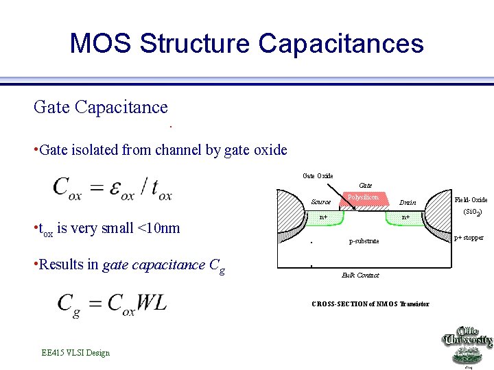 MOS Structure Capacitances Gate Capacitance • Gate isolated from channel by gate oxide Gate
