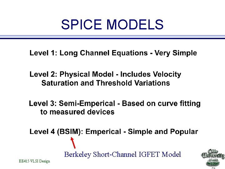 SPICE MODELS Berkeley Short-Channel IGFET Model EE 415 VLSI Design 