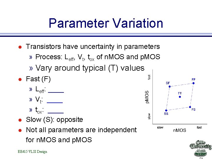 Parameter Variation l Transistors have uncertainty in parameters » Process: Leff, Vt, tox of