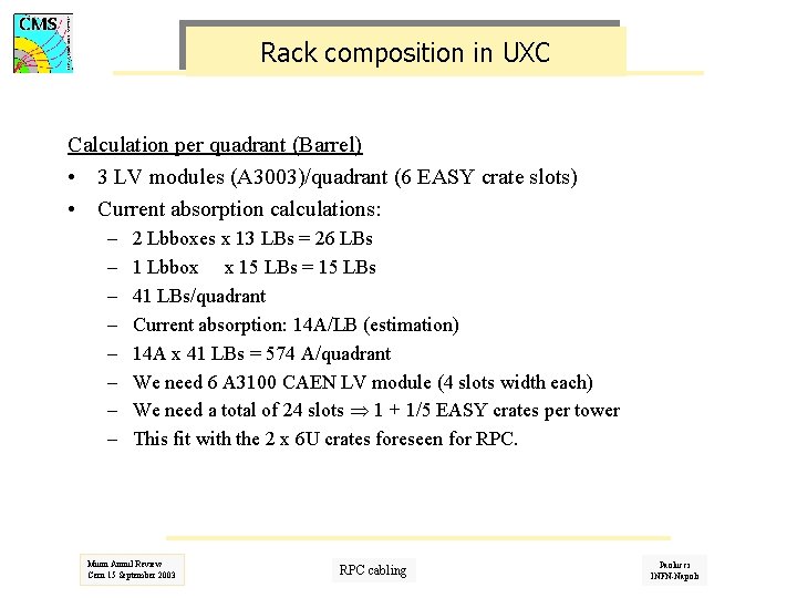 Rack composition in UXC Calculation per quadrant (Barrel) • 3 LV modules (A 3003)/quadrant