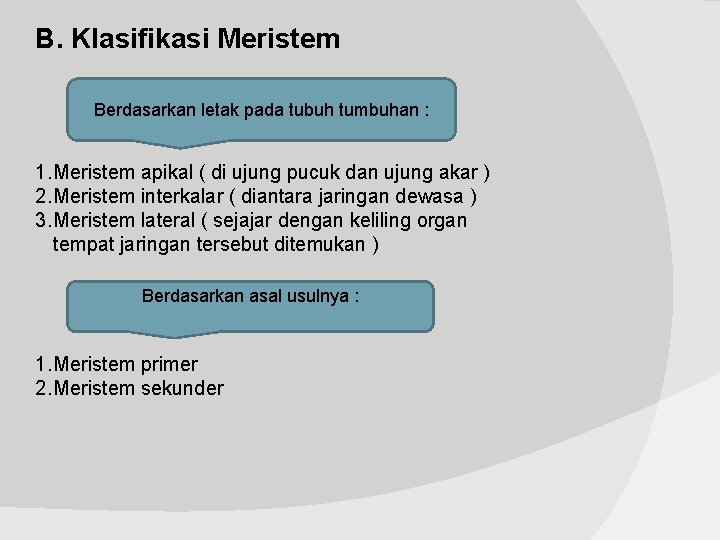 B. Klasifikasi Meristem Berdasarkan letak pada tubuh tumbuhan : 1. Meristem apikal ( di
