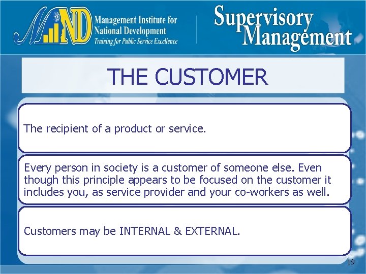 THE CUSTOMER The recipient of a product or service. Every person in society is