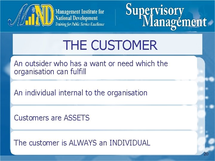 THE CUSTOMER An outsider who has a want or need which the organisation can