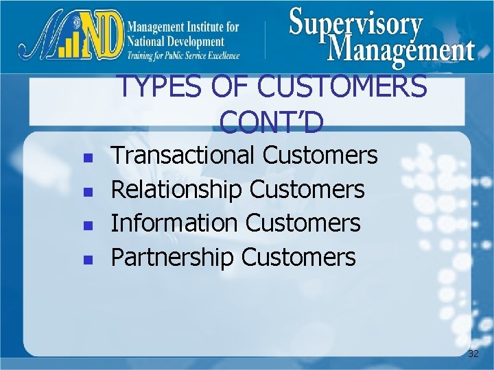 TYPES OF CUSTOMERS CONT’D n n Transactional Customers Relationship Customers Information Customers Partnership Customers