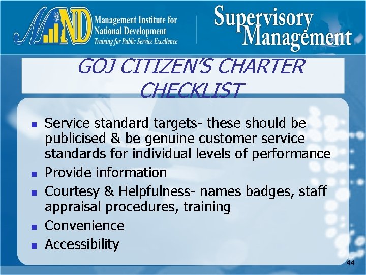 GOJ CITIZEN’S CHARTER CHECKLIST n n n Service standard targets- these should be publicised