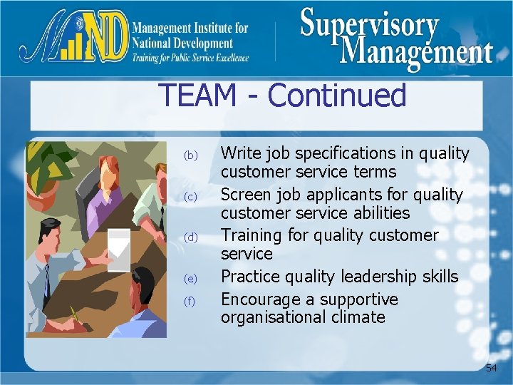 TEAM - Continued (b) (c) (d) (e) (f) Write job specifications in quality customer