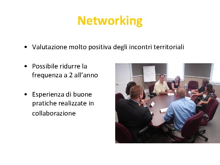 Networking • Valutazione molto positiva degli incontri territoriali • Possibile ridurre la frequenza a