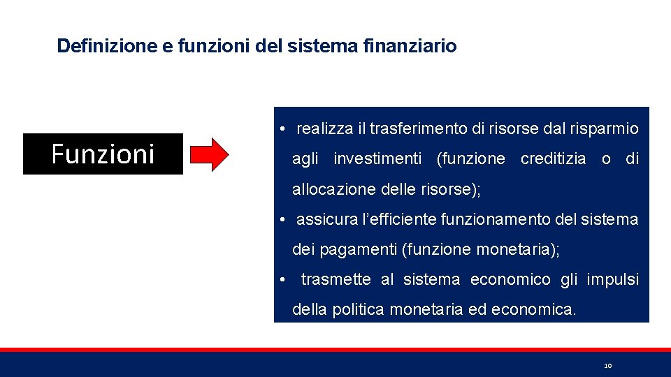Definizione e funzioni del sistema finanziario Funzioni • realizza il trasferimento di risorse dal