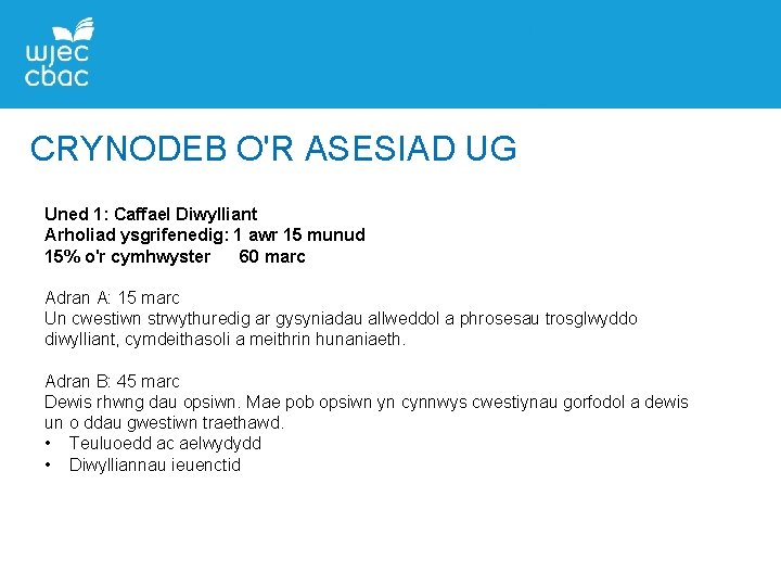 CRYNODEB O'R ASESIAD UG Uned 1: Caffael Diwylliant Arholiad ysgrifenedig: 1 awr 15 munud