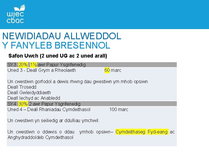 NEWIDIADAU ALLWEDDOL Y FANYLEB BRESENNOL Safon Uwch (2 uned UG ac 2 uned arall)