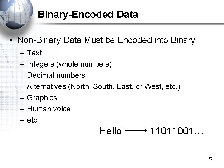 Binary-Encoded Data • Non-Binary Data Must be Encoded into Binary – – – –