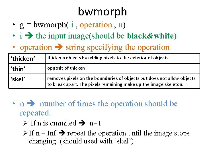 bwmorph • g = bwmorph( i , operation , n) • i the input
