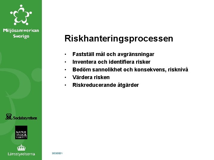 Riskhanteringsprocessen • • • 2/22/2021 Fastställ mål och avgränsningar Inventera och identifiera risker Bedöm