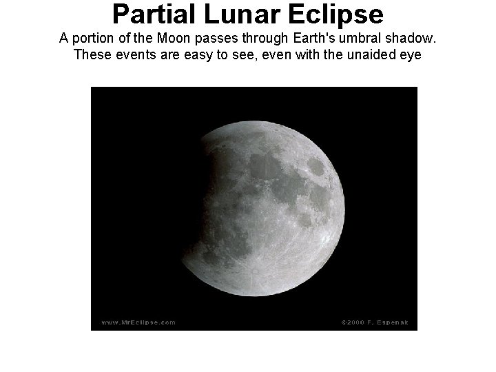 Partial Lunar Eclipse A portion of the Moon passes through Earth's umbral shadow. These