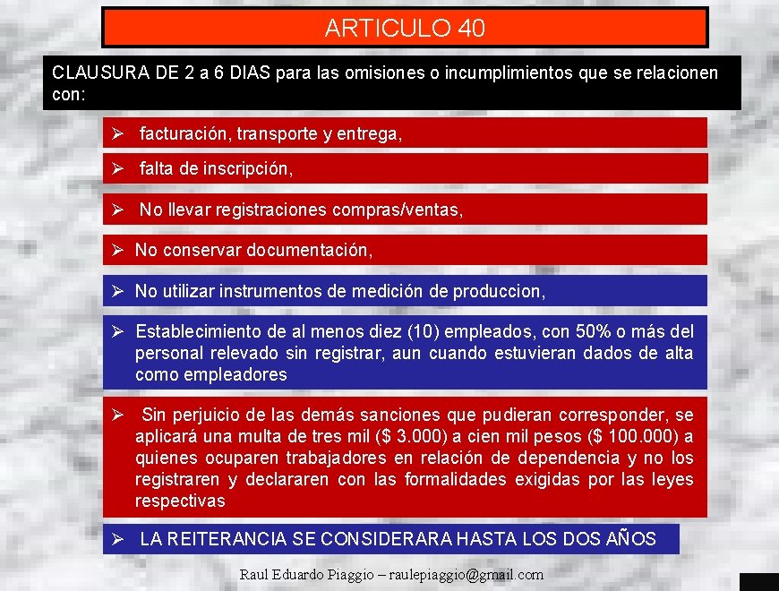 ARTICULO 40 CLAUSURA DE 2 a 6 DIAS para las omisiones o incumplimientos que