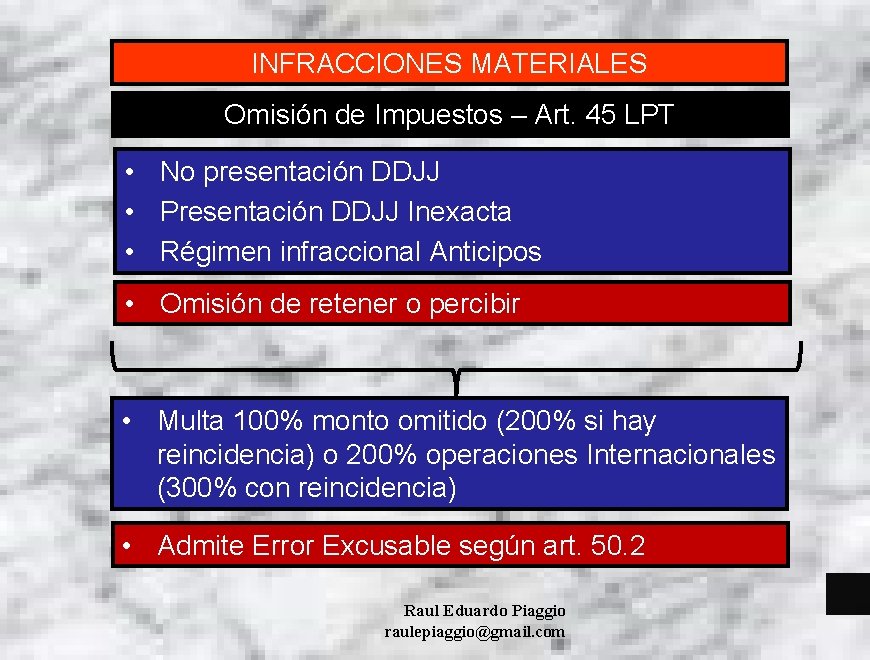 INFRACCIONES MATERIALES Omisión de Impuestos – Art. 45 LPT • No presentación DDJJ •