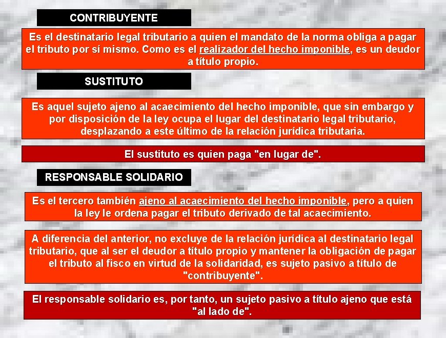 CONTRIBUYENTE Es el destinatario legal tributario a quien el mandato de la norma obliga