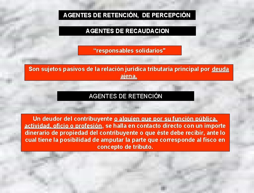 AGENTES DE RETENCIÓN, DE PERCEPCIÓN AGENTES DE RECAUDACION “responsables solidarios" Son sujetos pasivos de