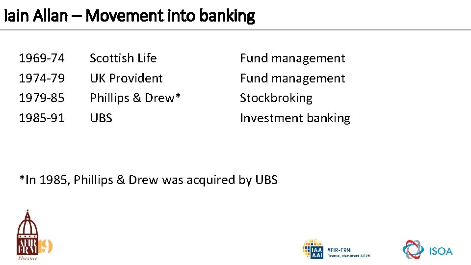 Iain Allan – Movement into banking 1969 -74 1974 -79 1979 -85 1985 -91