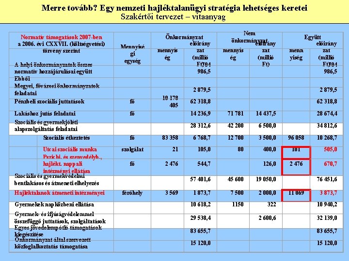 Merre tovább? Egy nemzeti hajléktalanügyi stratégia lehetséges keretei Szakértői tervezet – vitaanyag Normatív támogatások