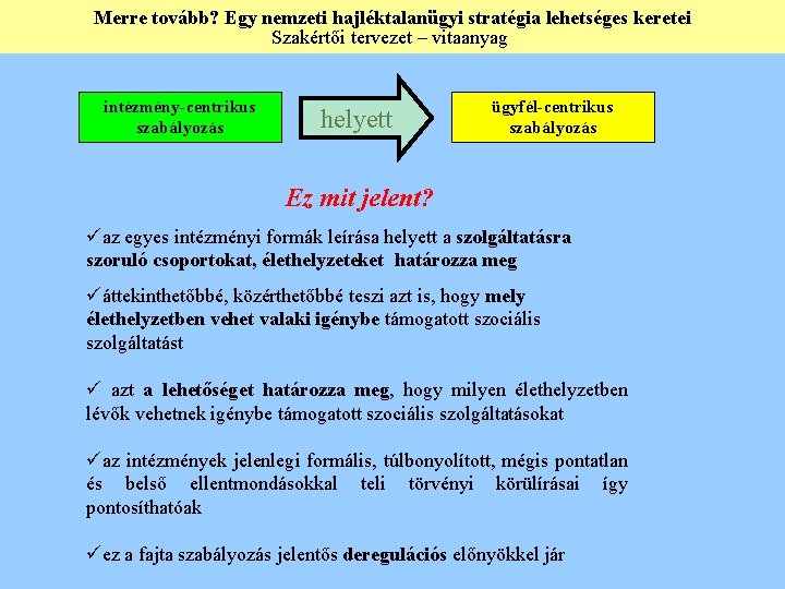 Merre tovább? Egy nemzeti hajléktalanügyi stratégia lehetséges keretei Szakértői tervezet – vitaanyag intézmény-centrikus szabályozás