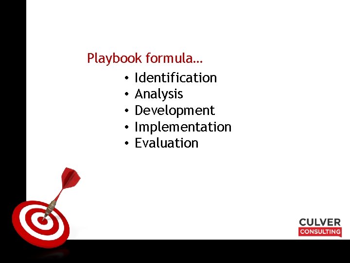 ON TARGET Playbook formula… • Identification • Analysis • Development • Implementation • Evaluation