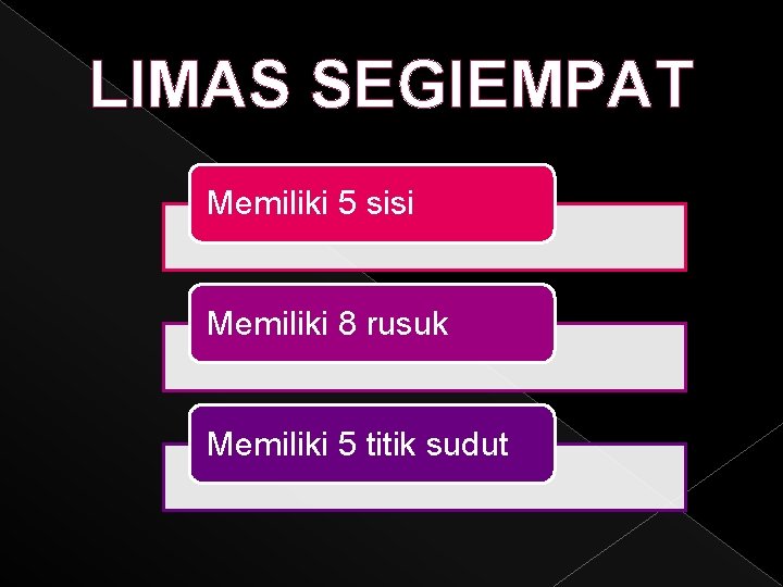 LIMAS SEGIEMPAT Memiliki 5 sisi Memiliki 8 rusuk Memiliki 5 titik sudut 