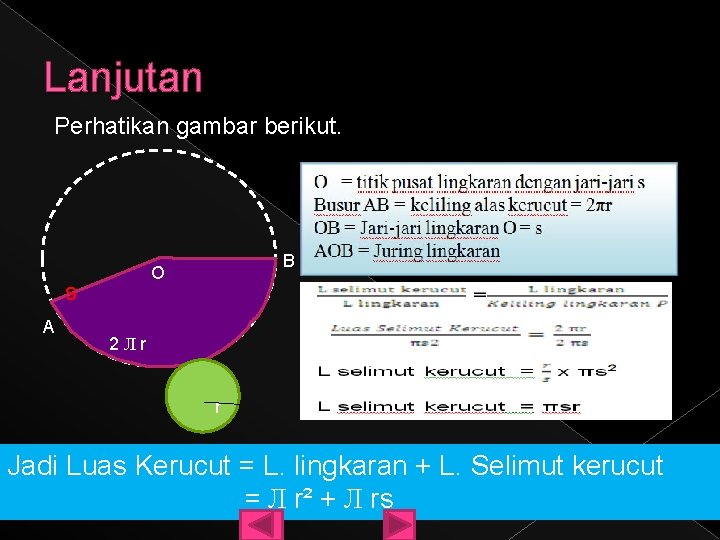 Lanjutan Perhatikan gambar berikut. s A B O 2 Лr r Jadi Luas Kerucut