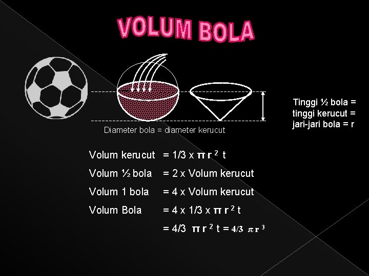 Diameter bola = diameter kerucut Volum kerucut = 1/3 x π r 2 t