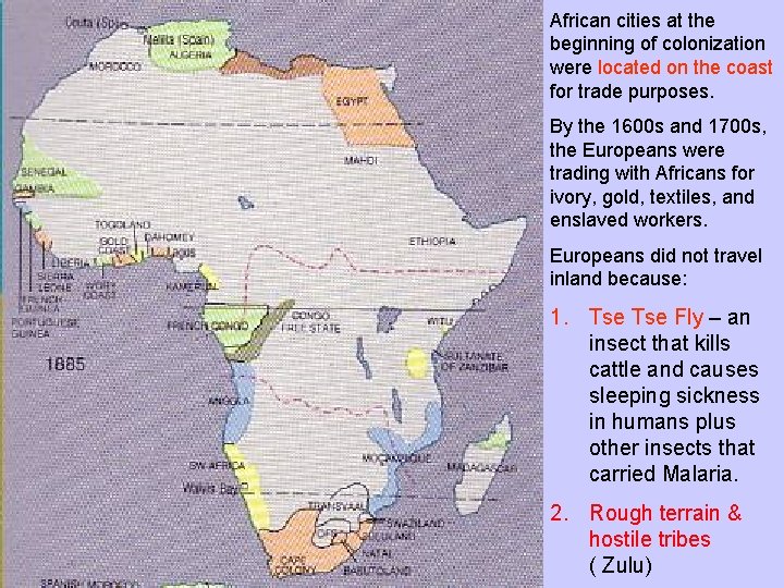 African cities at the beginning of colonization were located on the coast for trade