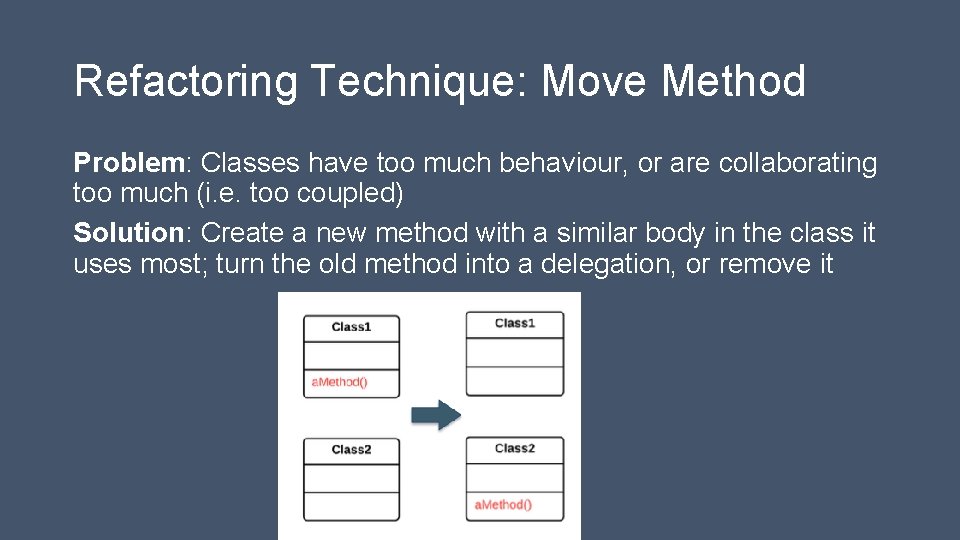 Refactoring Technique: Move Method Problem: Classes have too much behaviour, or are collaborating too