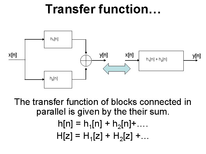 Transfer function… h 1[n] x[n] y[n] x[n] h 1[n] + h 2[n] The transfer