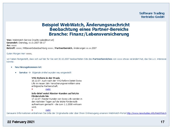  Software Trading Vertriebs-Gmb. H Beispiel Web. Watch, Änderungsnachricht Beobachtung eines Partner-Bereichs Branche: Finanz/Lebensversicherung