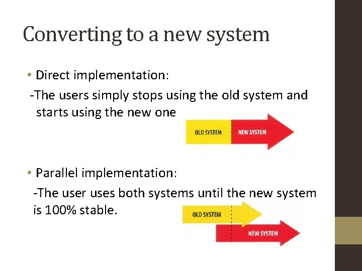 Converting to a new system • Direct implementation: -The users simply stops using the Converting to a new system • Direct implementation: -The users simply stops using the