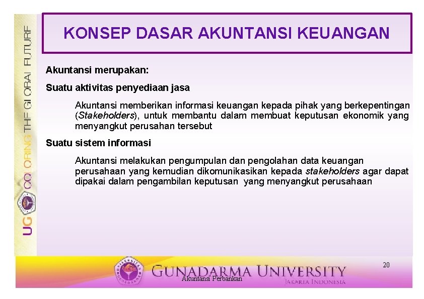 KONSEP DASAR AKUNTANSI KEUANGAN Akuntansi merupakan: Suatu aktivitas penyediaan jasa Akuntansi memberikan informasi keuangan