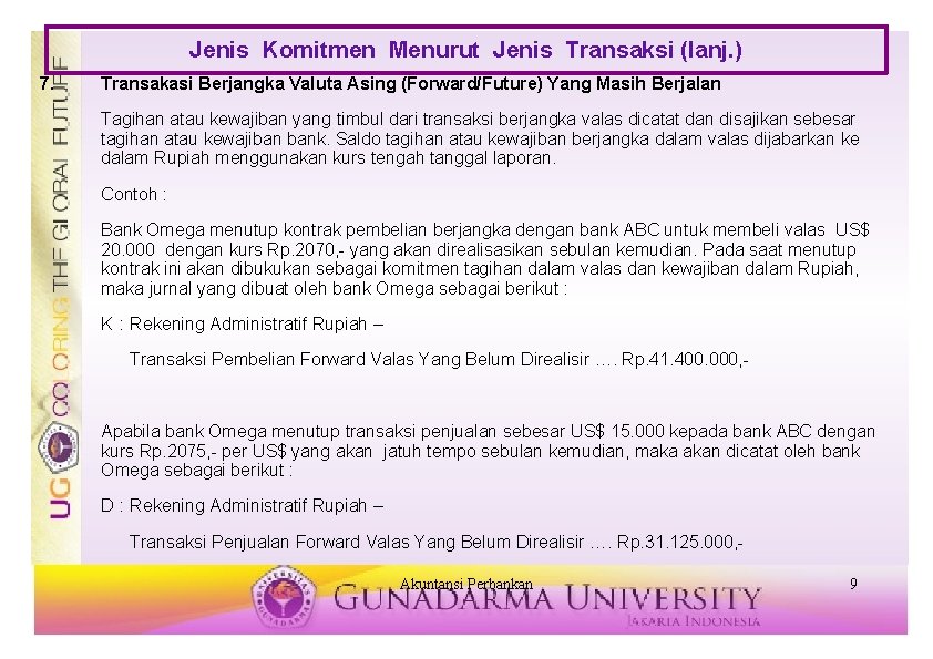 Jenis Komitmen Menurut Jenis Transaksi (lanj. ) 7. Transakasi Berjangka Valuta Asing (Forward/Future) Yang Jenis Komitmen Menurut Jenis Transaksi (lanj. ) 7. Transakasi Berjangka Valuta Asing (Forward/Future) Yang