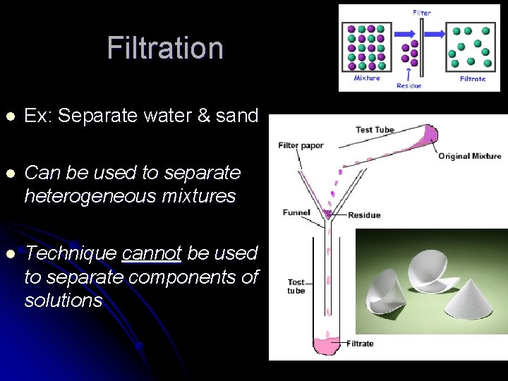 Filtration l Ex: Separate water & sand l Can be used to separate heterogeneous