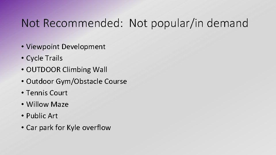 Not Recommended: Not popular/in demand • Viewpoint Development • Cycle Trails • OUTDOOR Climbing