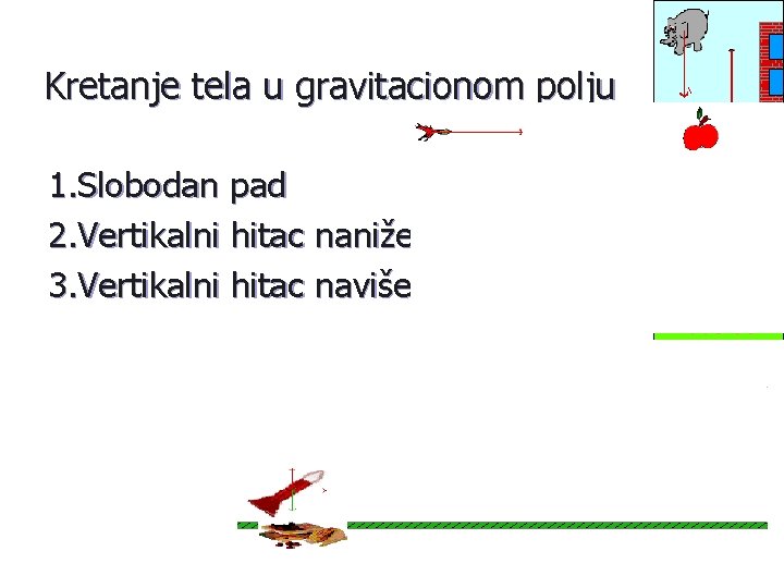 Kretanje tela u gravitacionom polju 1. Slobodan pad 2. Vertikalni hitac naniže 3. Vertikalni