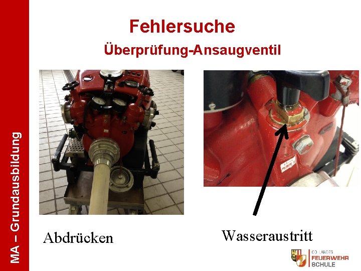 Fehlersuche MA – Grundausbildung Überprüfung-Ansaugventil Abdrücken Wasseraustritt 